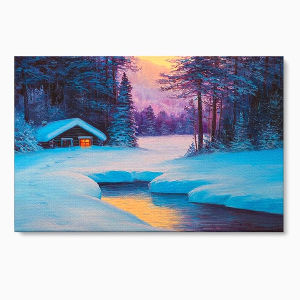 Tablou canvas cu pictura cu cabana inzapezita si parau, fara rama, pe sasiu de lemn